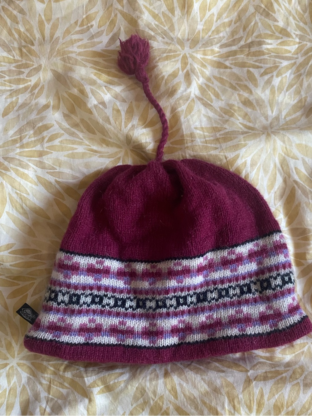 Turtle Fur Knit Pom Beanie in Berry Pink with Fair Isle Band